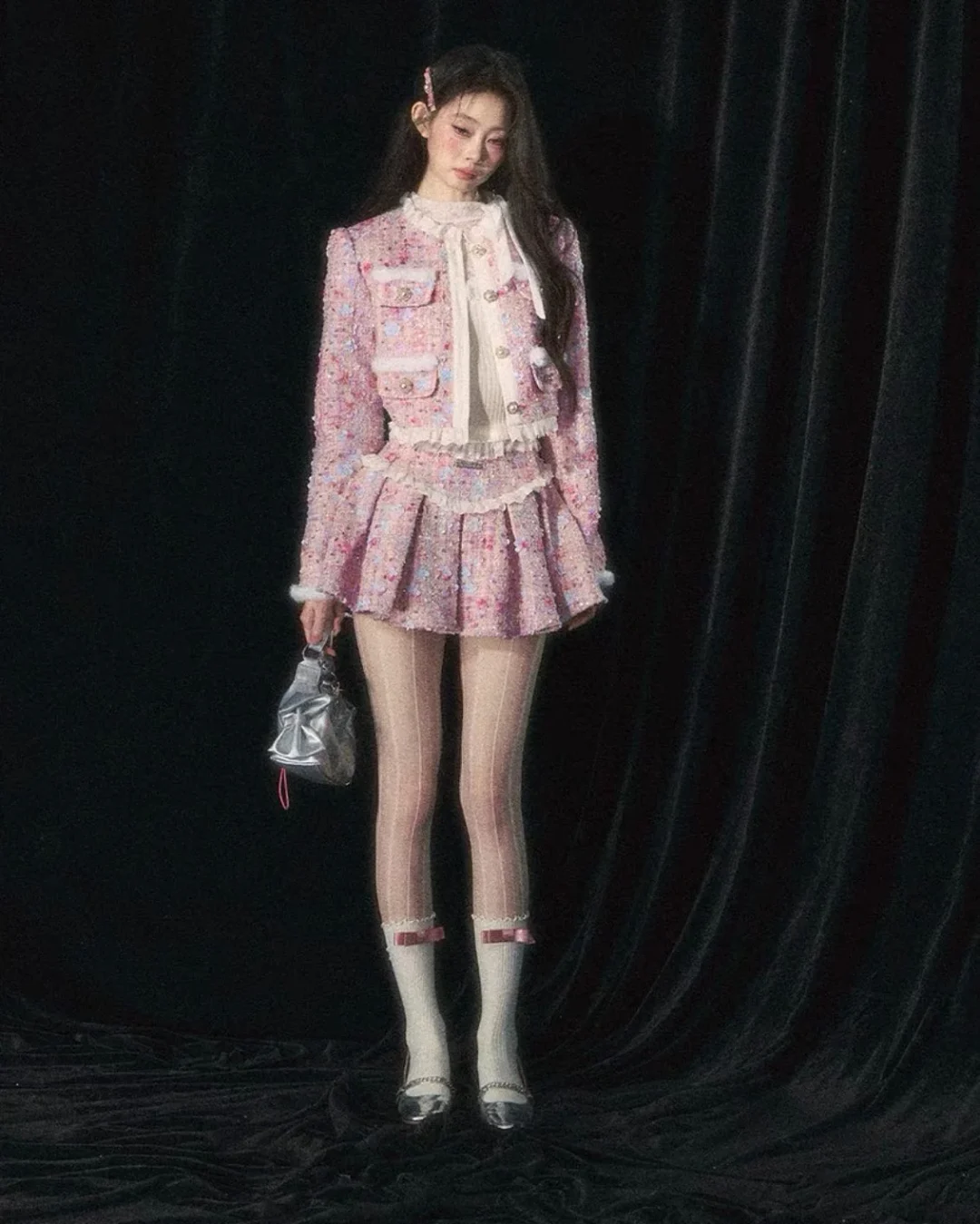 Photo 5 of Set áo khoác váy tweed hồng pastel nữ