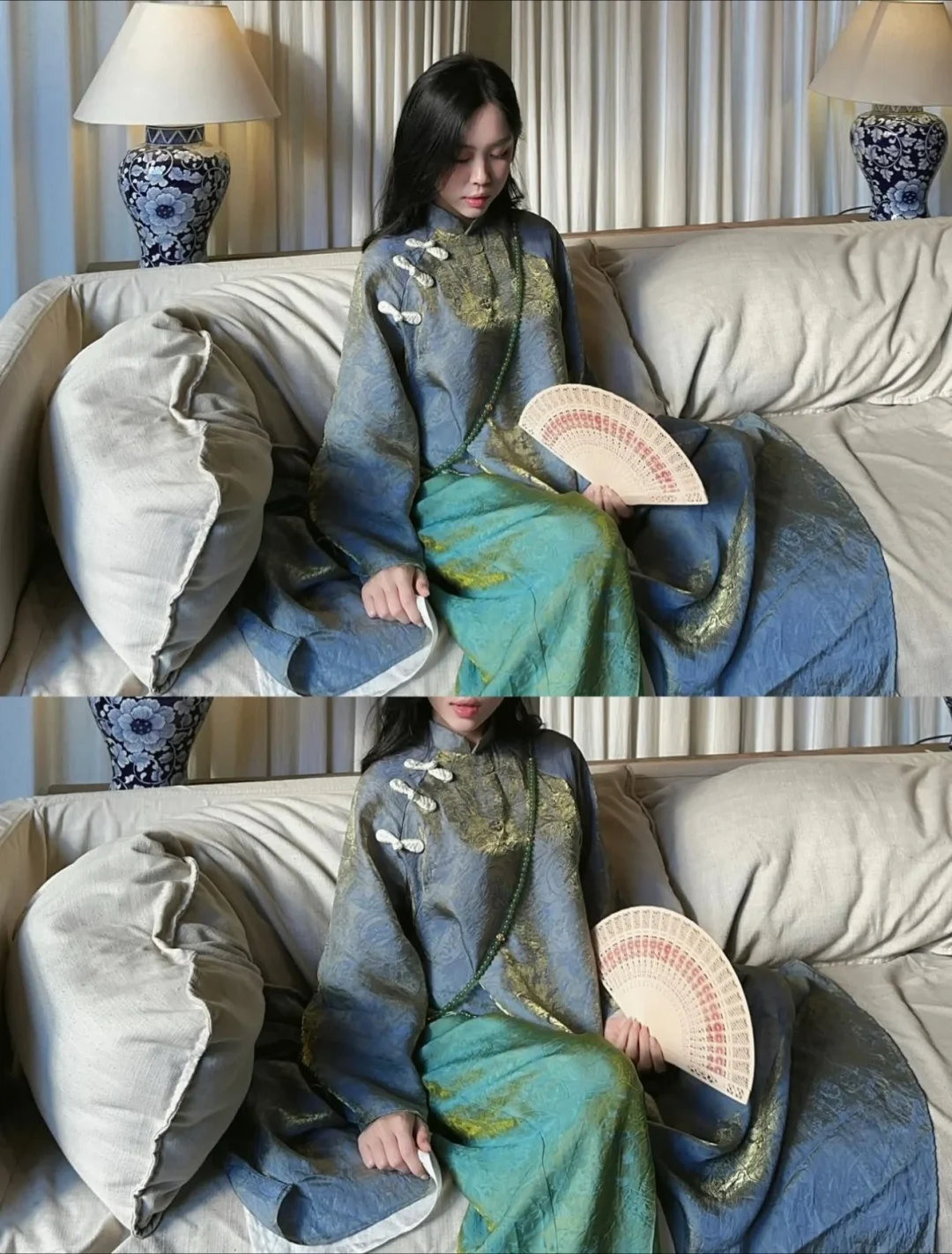 Photo 2 of Áo dài Dạ Lam lụa xanh cách tân nữ