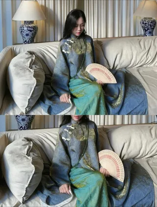 Photo 2 of Áo dài Dạ Lam lụa xanh cách tân nữ